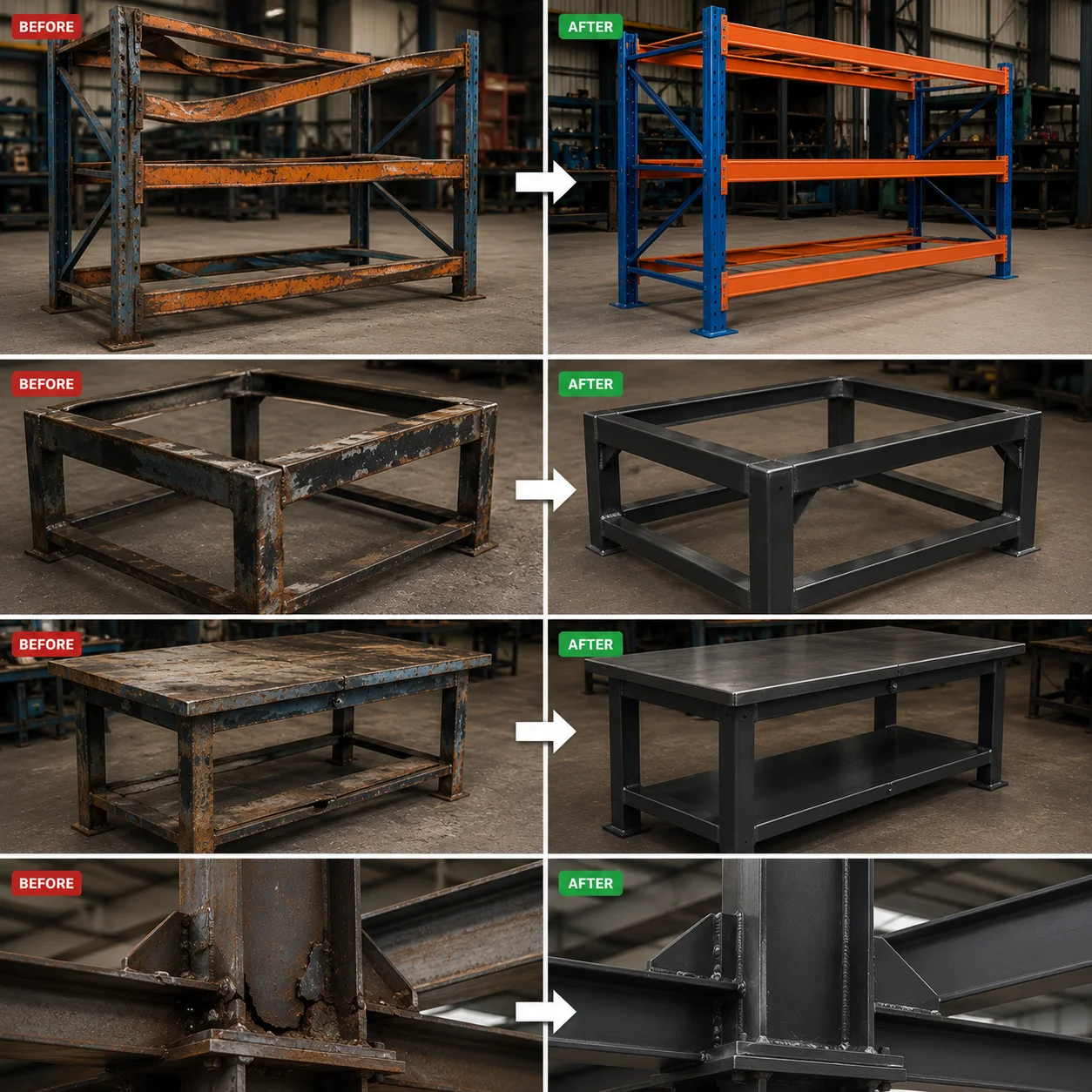 Repairs to racks, frames, workbenches and structural steel